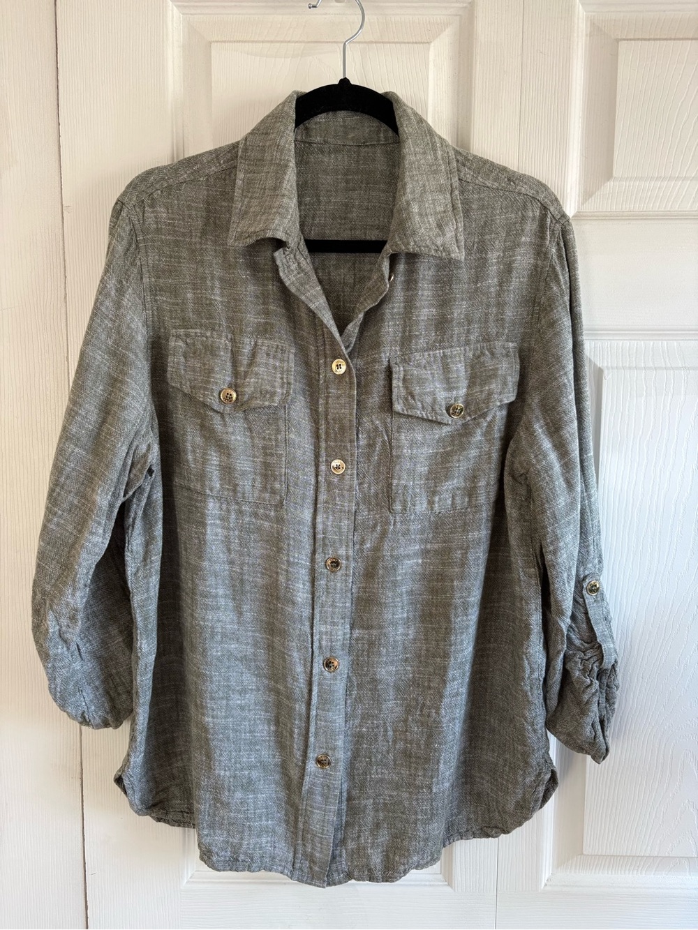 Jones NY Grey Green Linen Blend Button Shirt Lagenlook Career XL Resort Preppy